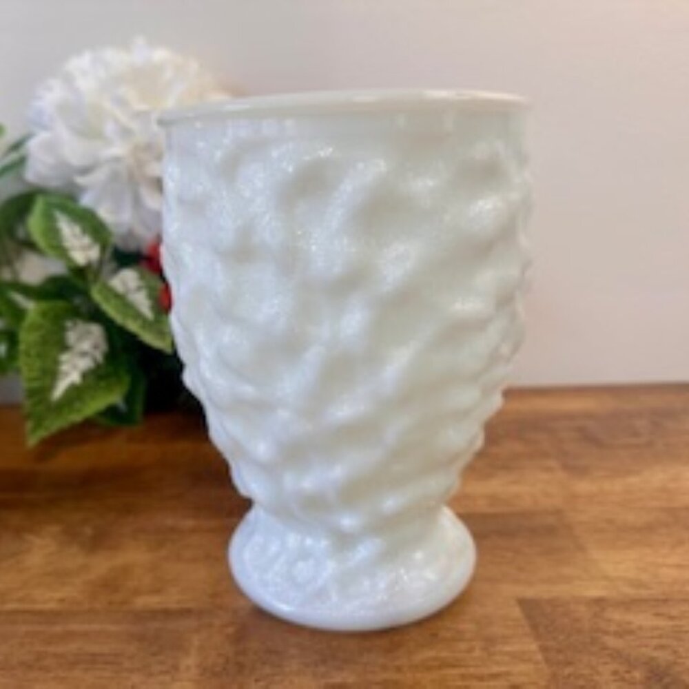 Vintage E.O. Brody Milk Glass Vase White Textured Hobnail Pedestal Cleveland USA